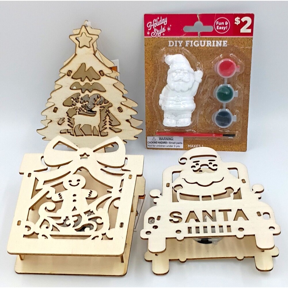 4 Pc Christmas Craft Set- 3D Lighted Wood Decor and Santa Figurine to Paint